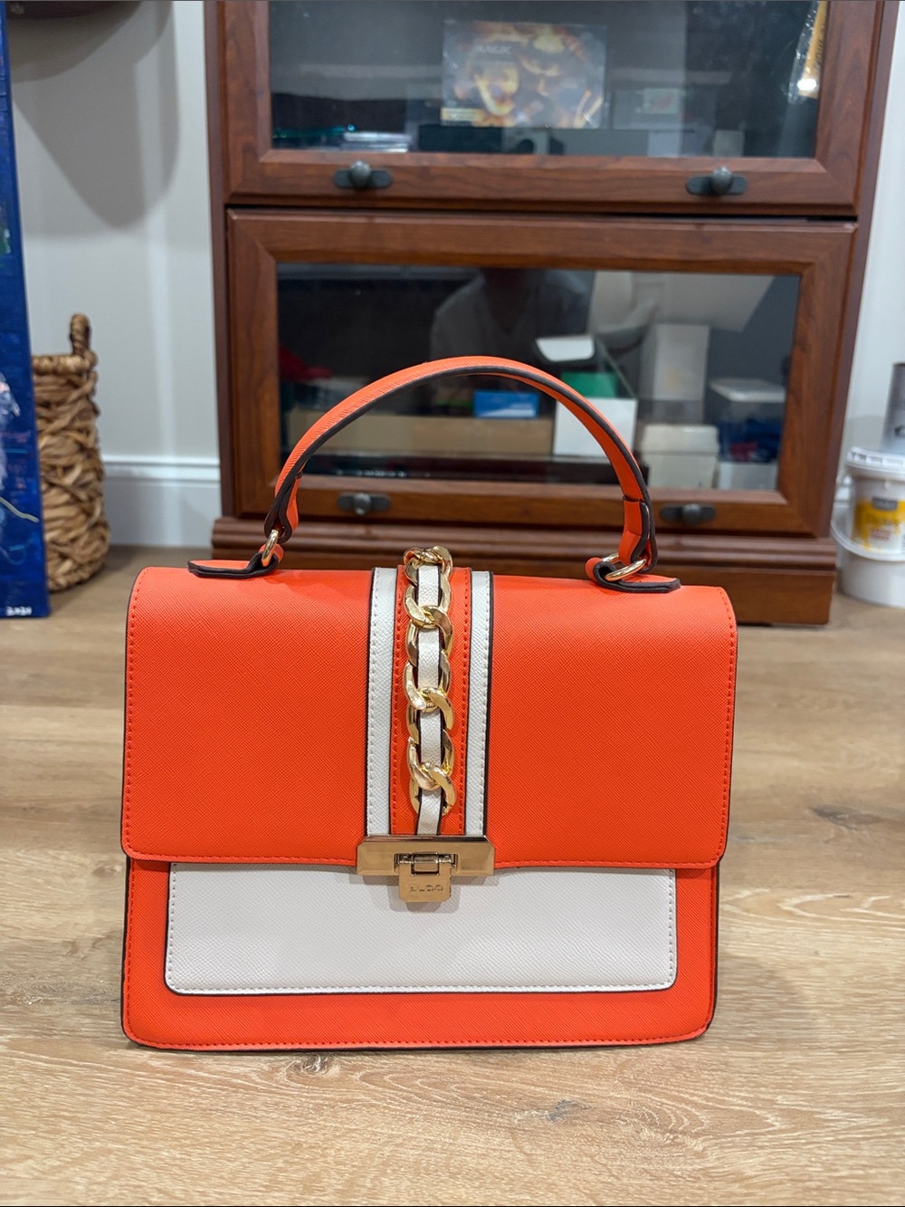 ALDO Orange and White Structured Top-Handle Purse